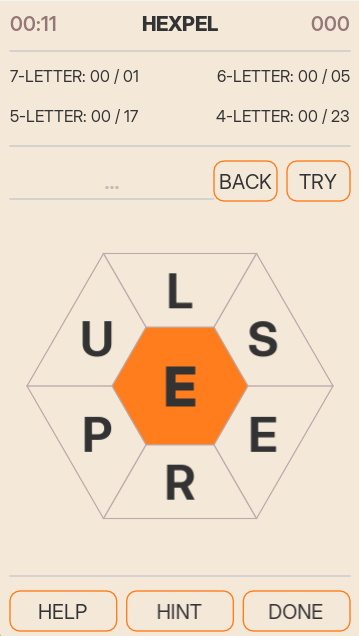 Hexpel main puzzle screen — hex grid and UI layout